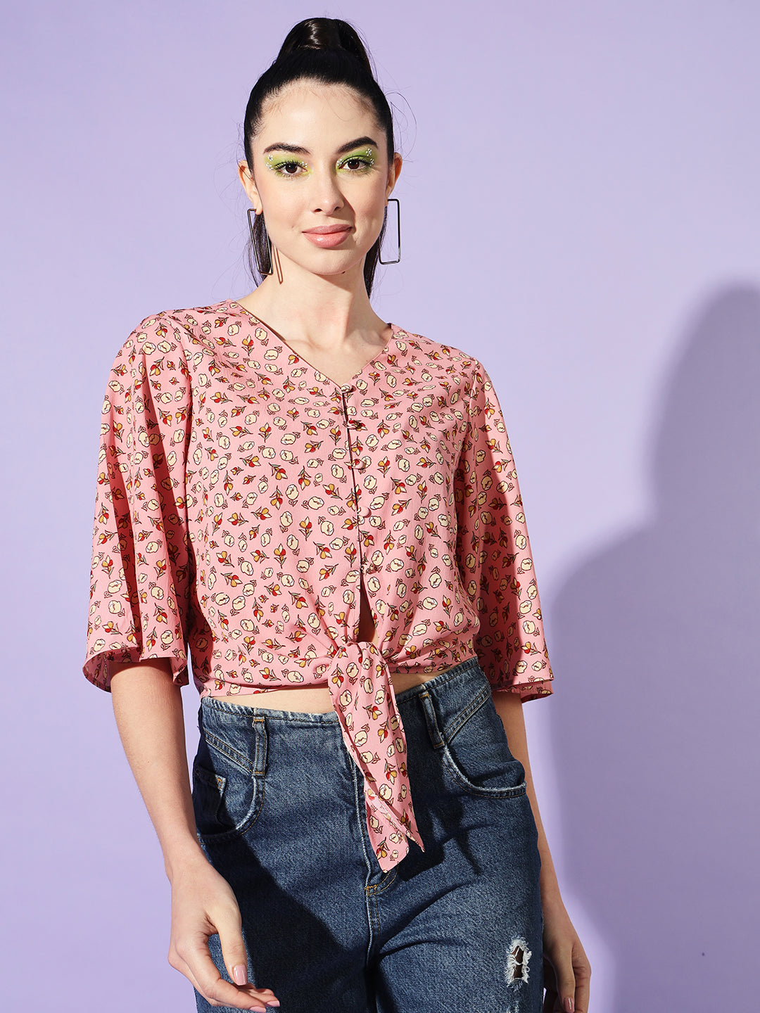 Women Peach V-Neck Flared Sleeves Floral Print Crepe Wrap Top