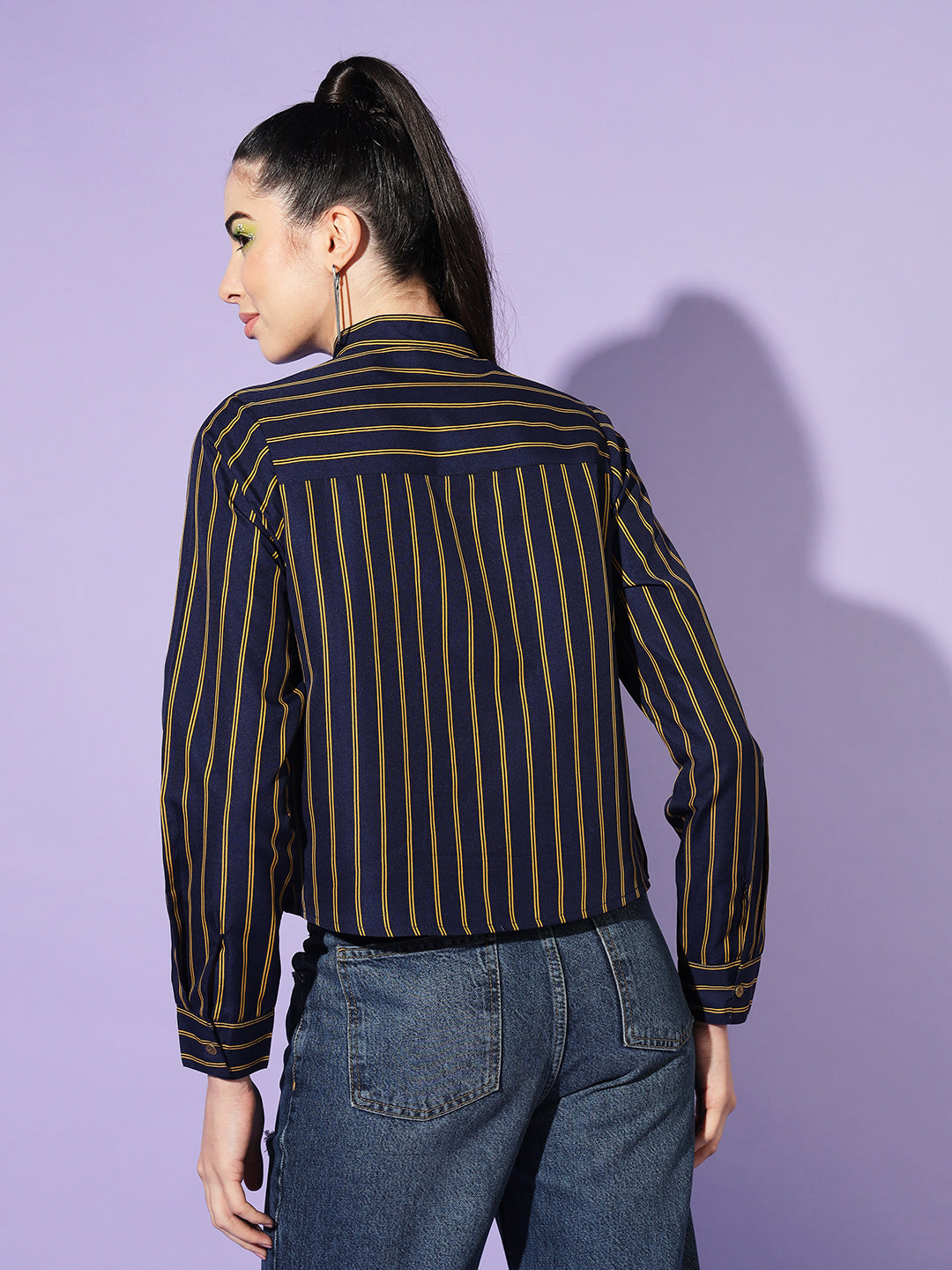 Women Navy Blue Boxy Striped Casual Shirt