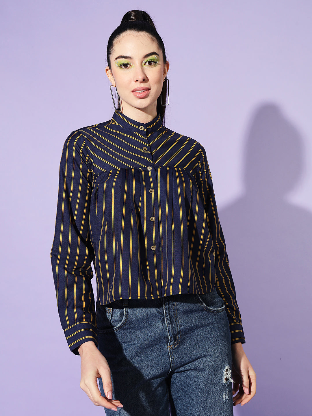 Women Navy Blue Boxy Striped Casual Shirt