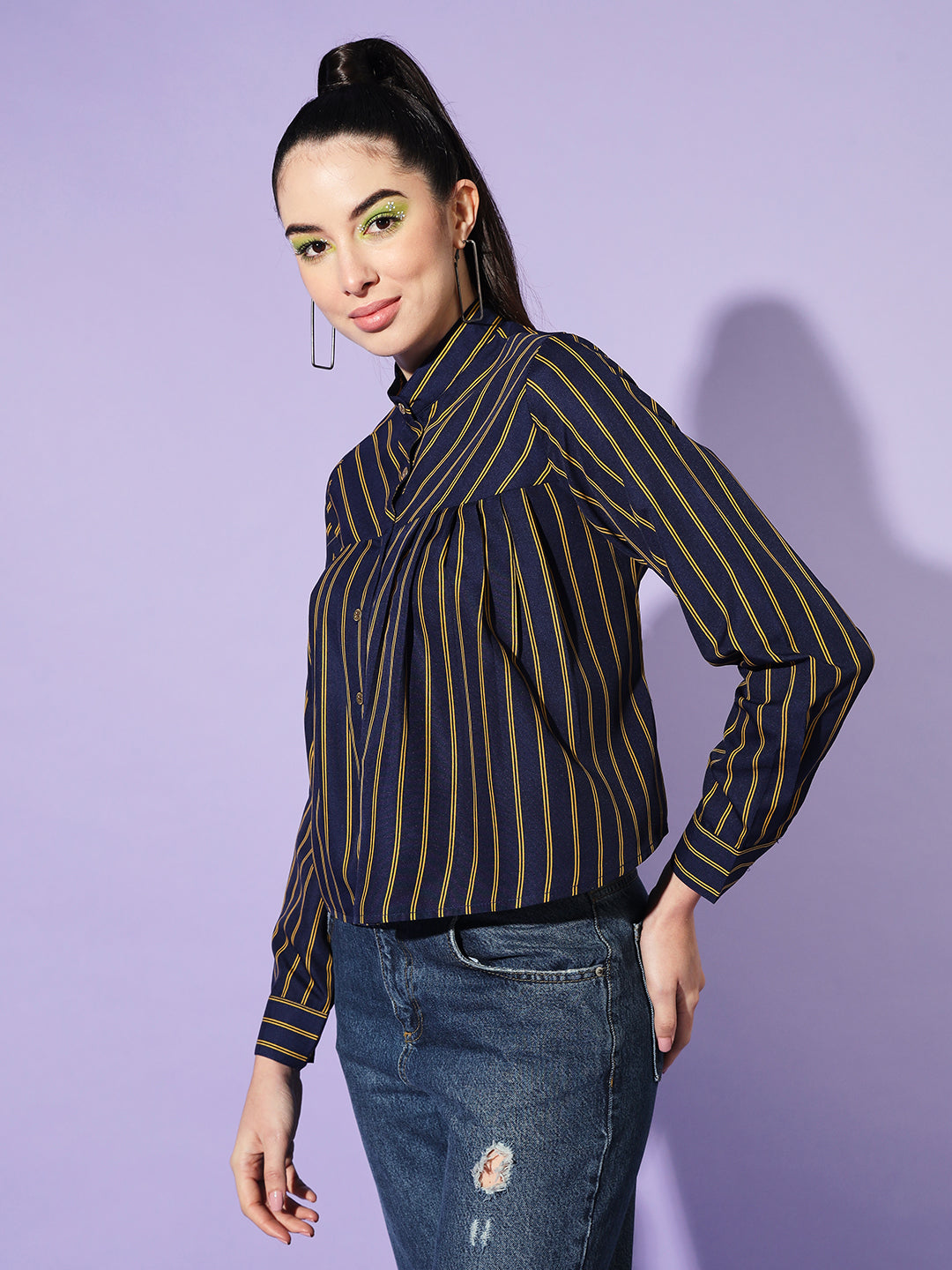 Women Navy Blue Boxy Striped Casual Shirt