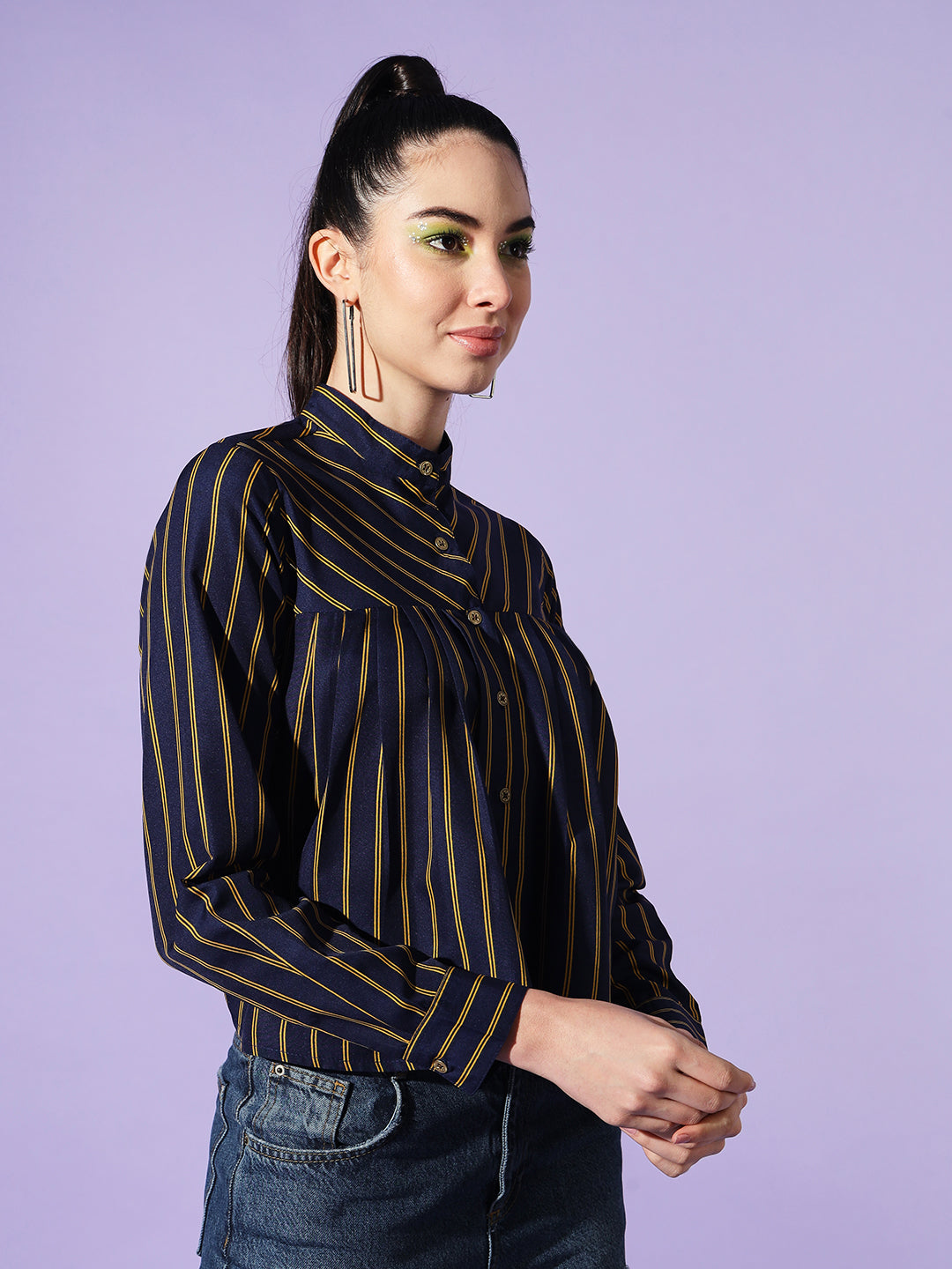 Women Navy Blue Boxy Striped Casual Shirt