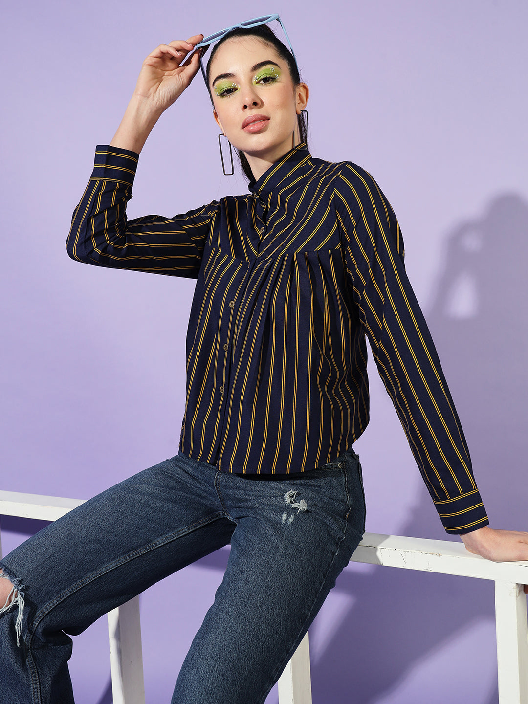 Women Navy Blue Boxy Striped Casual Shirt