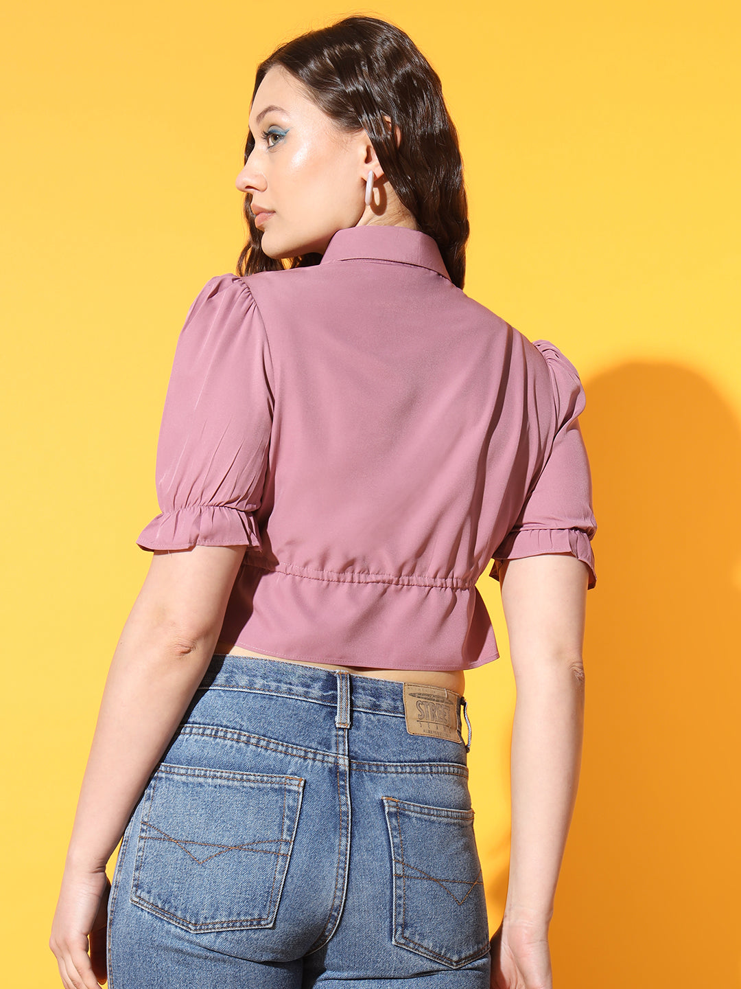 Women Light Purple Shirt Collar Puff Sleeve Crepe Shirt Style Crop Top