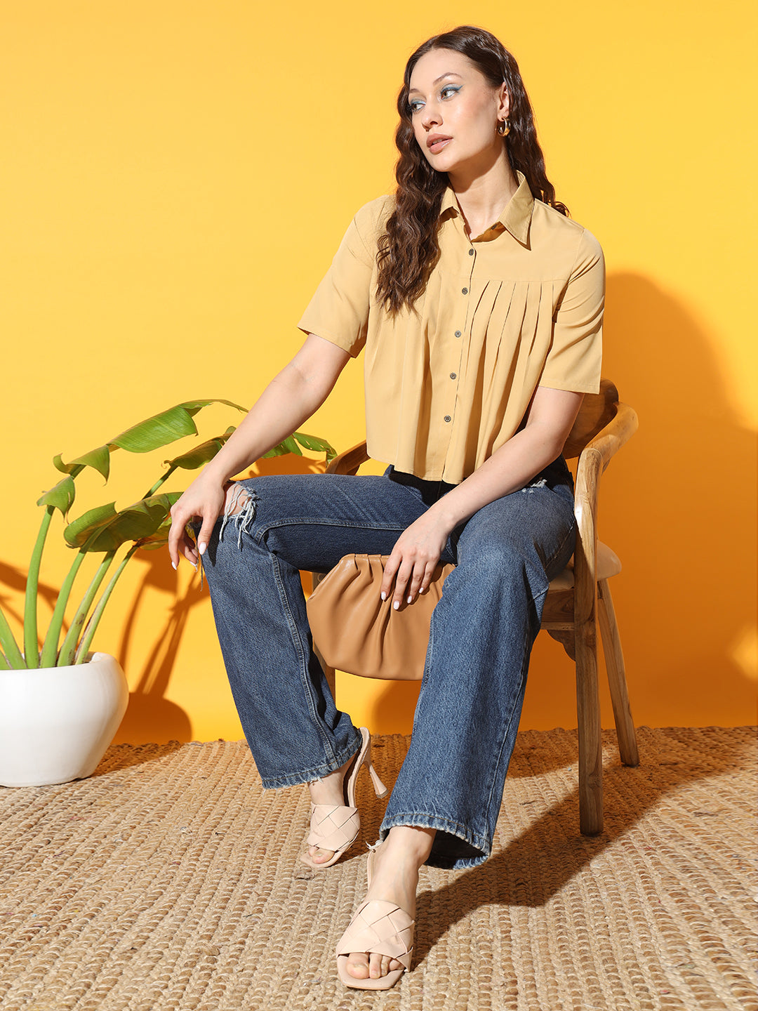 Women Solid Party Yellow Shirt