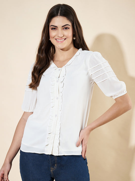 Formal Puff Sleeves Solid White Top