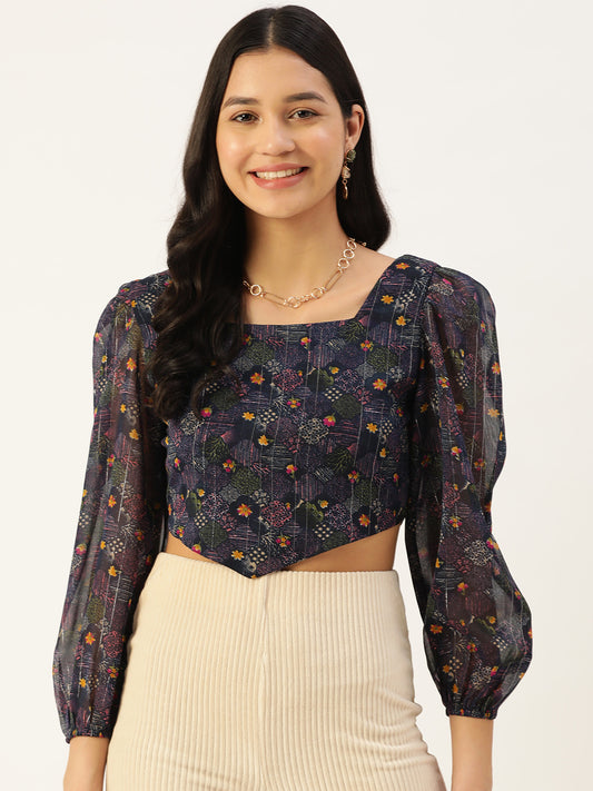 Print Georgette Bardot Crop Top