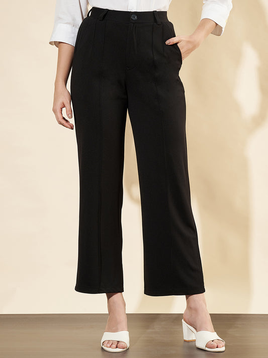 Women Black High-Waist Straight-Leg Trousers