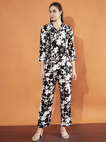 Women Black And White Floral Print Co-Ord Set