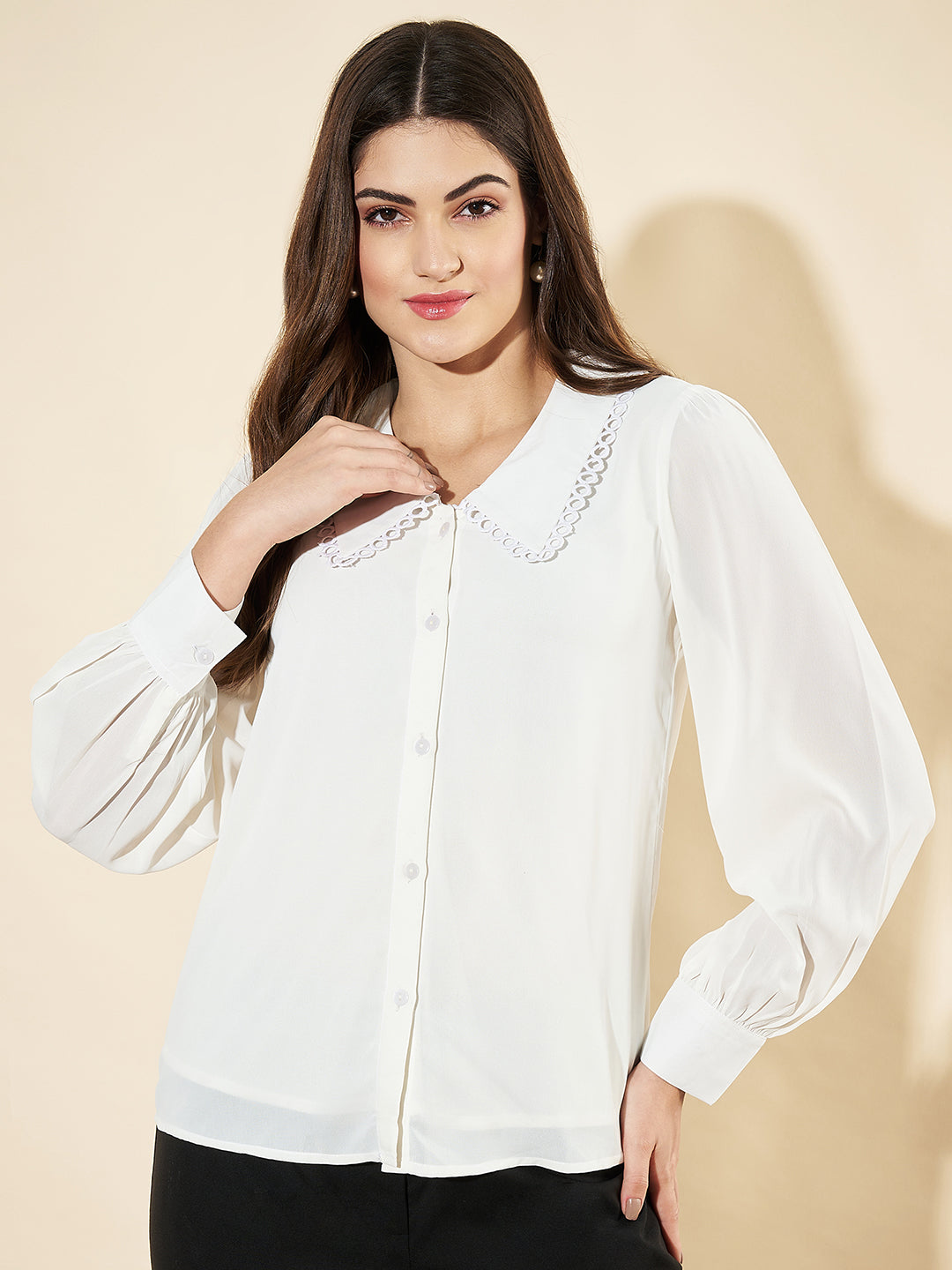 Women Cuffed Sleeves Lace White Top