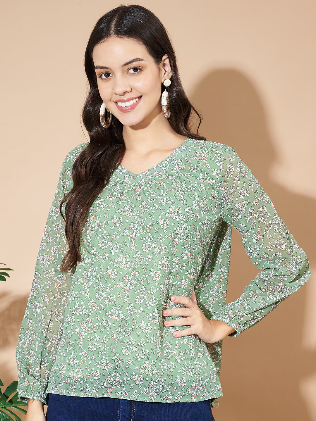 Women Puff Sleeves Floral Print  Green Top