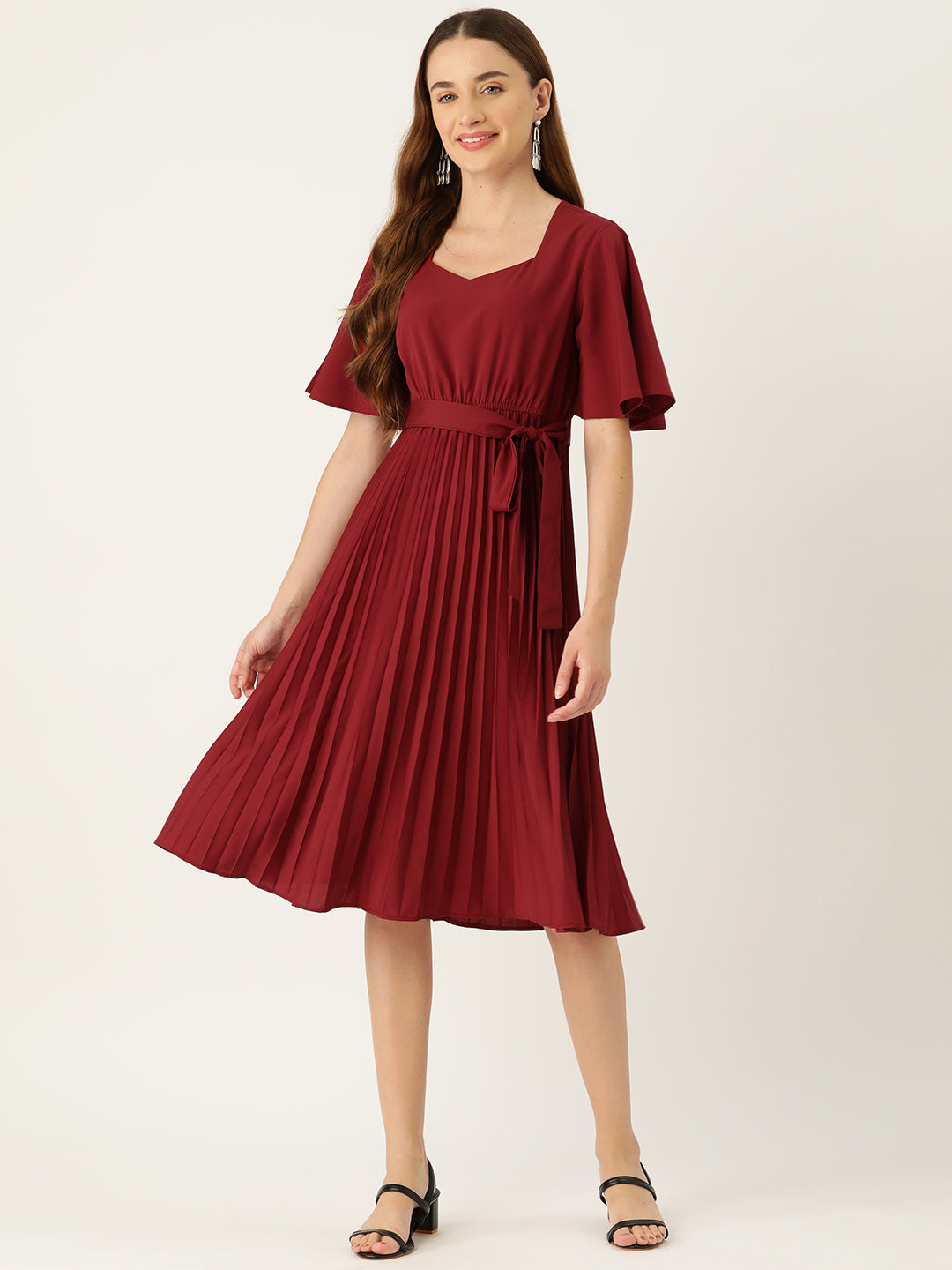 Slenor Flared Sleeve Maroon Tie-Ups Crepe A-Line Dress