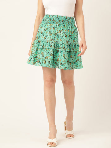 Women Green Floral Printed Flared Layered Mini Skirt