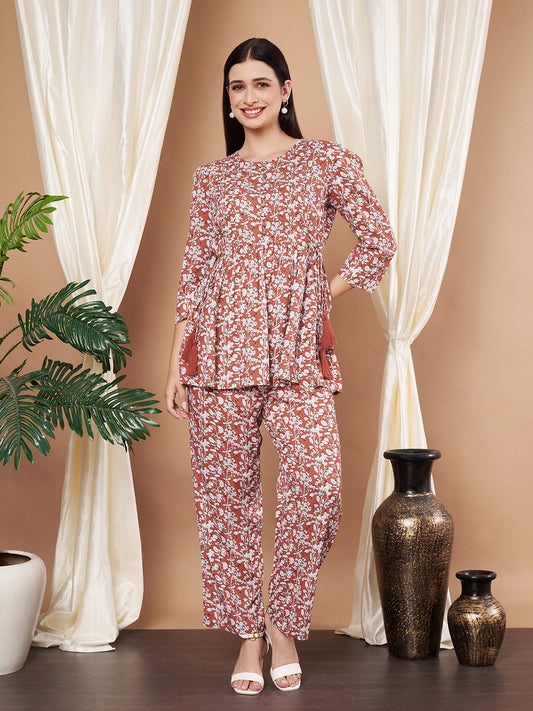 Woman Rust And White Floral Printed  Co-Ord Set