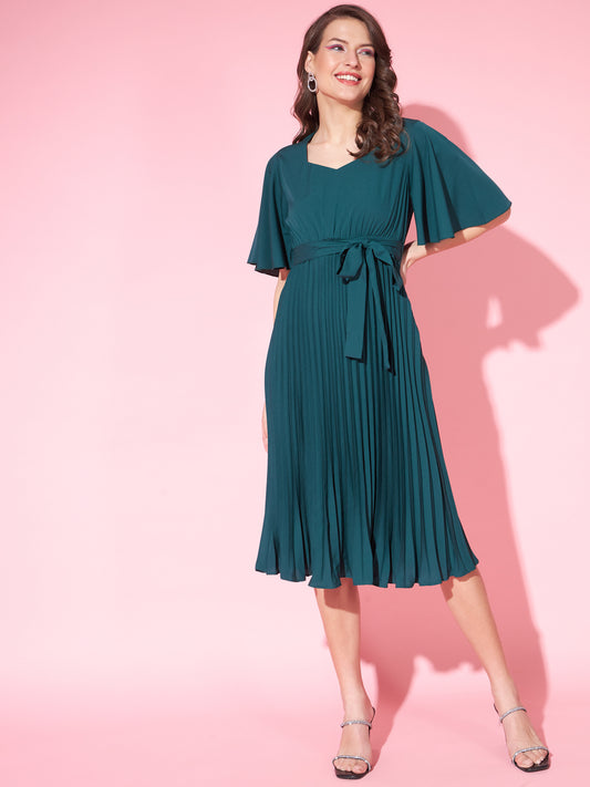 Women Flared Sleeve Tie-Ups Crepe A-Line Dress