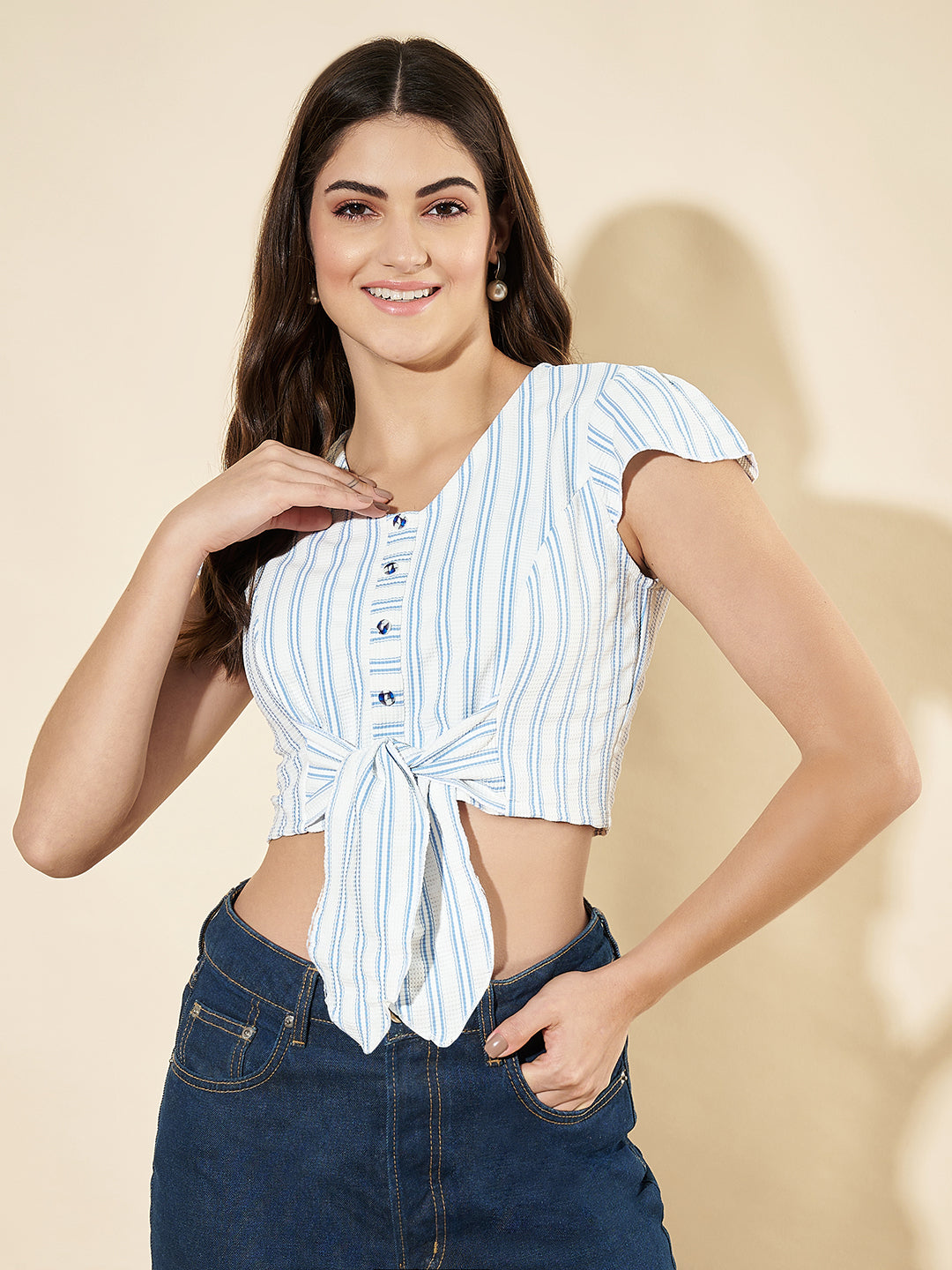 Women Cap Sleeves Striped White Top