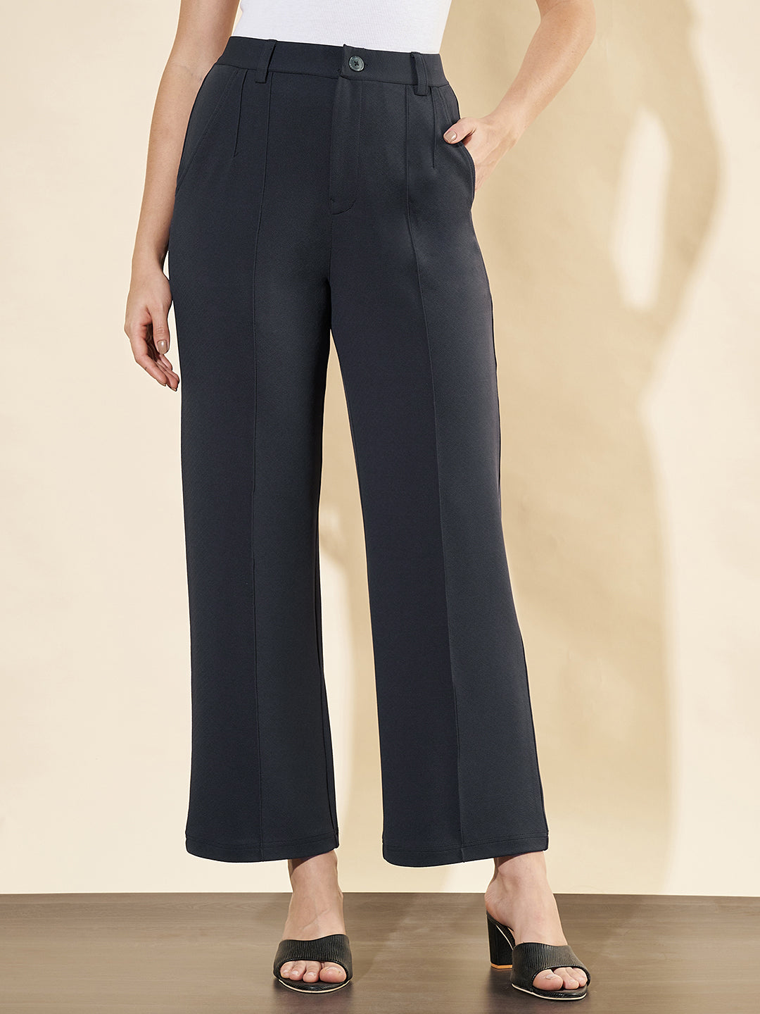 Women High-Rise Easy Wash Relaxed Straight Fit Trousers