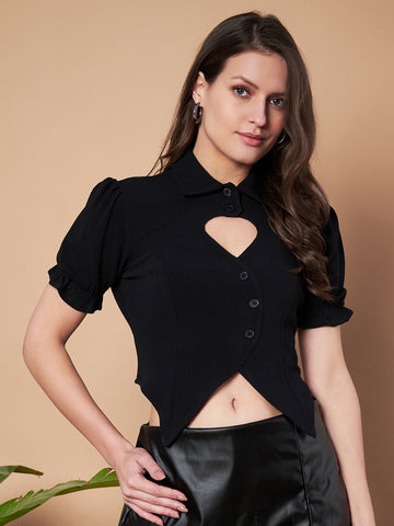 Women Black Floral Printed Puff Sleeves Fitted Crop Top