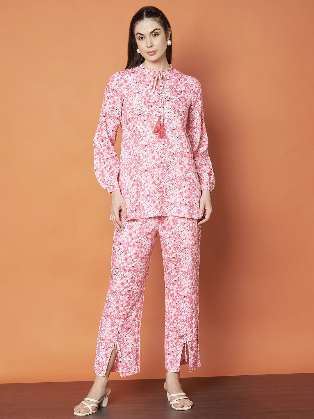 Women's Pink Floral Printed Co-Ord Set with Tie-Up Neckline and Slit Pants