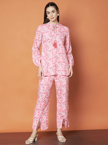 Women's Pink Floral Printed Co-Ord Set with Tie-Up Neckline and Slit Pants