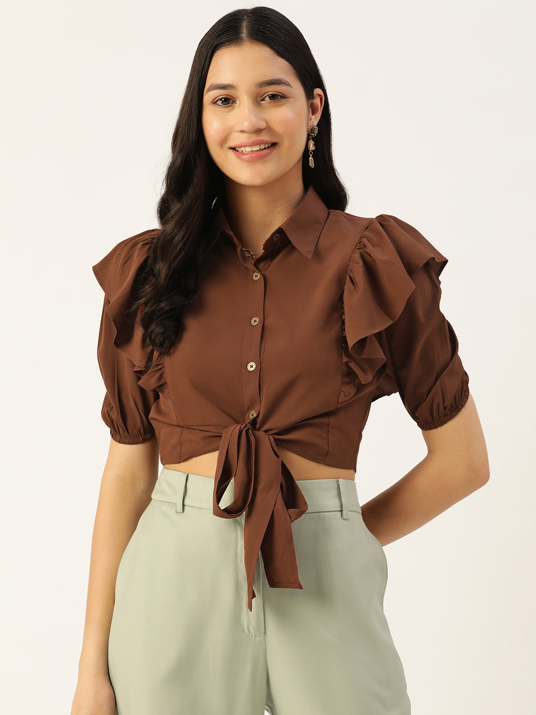 Brown Ruffles Crepe Crop Top