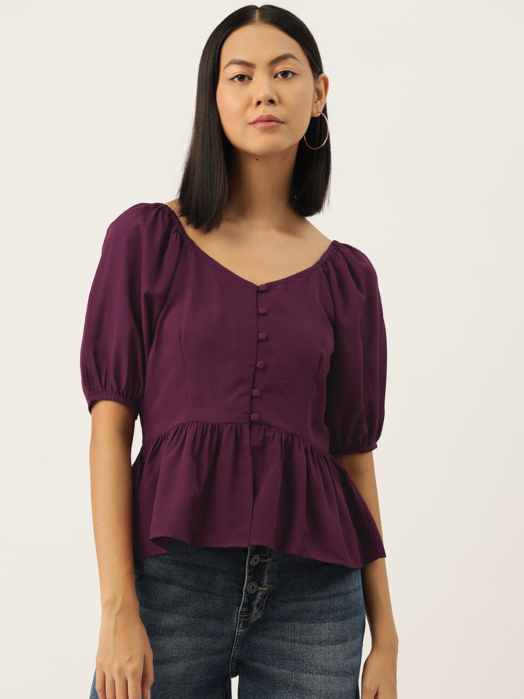 Purple  Solid Sweetheart Neck Puff Sleeve Crepe Peplum Top