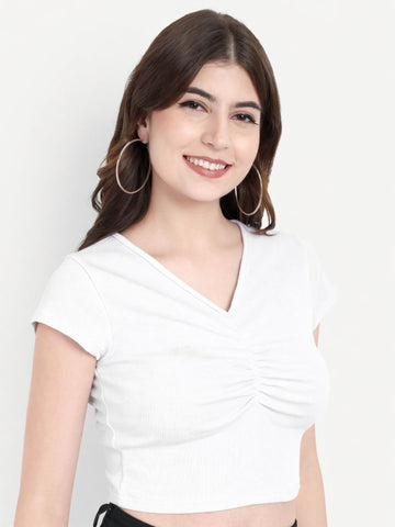 Slenor Women Ribbed V-Neck Short Sleeves Crop Top