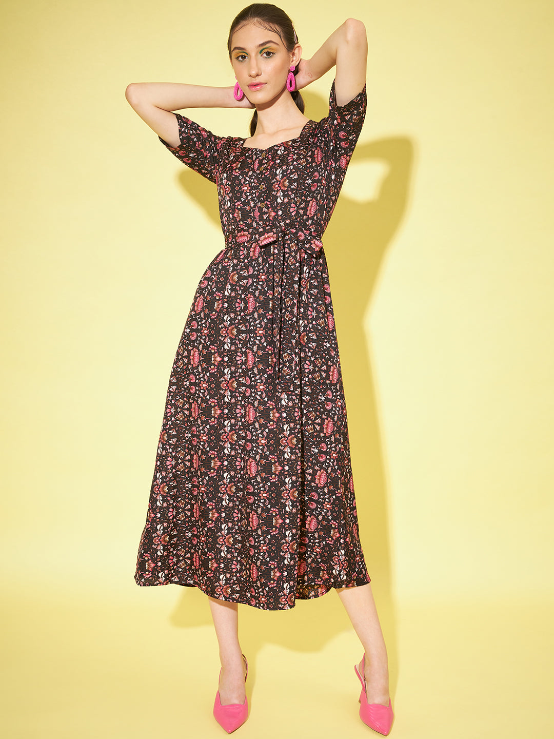 Women A-line Multicoloured Floral Print Dress