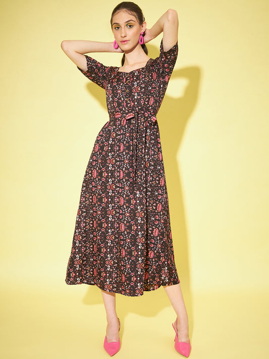 Women A-line Multicoloured Floral Print Dress