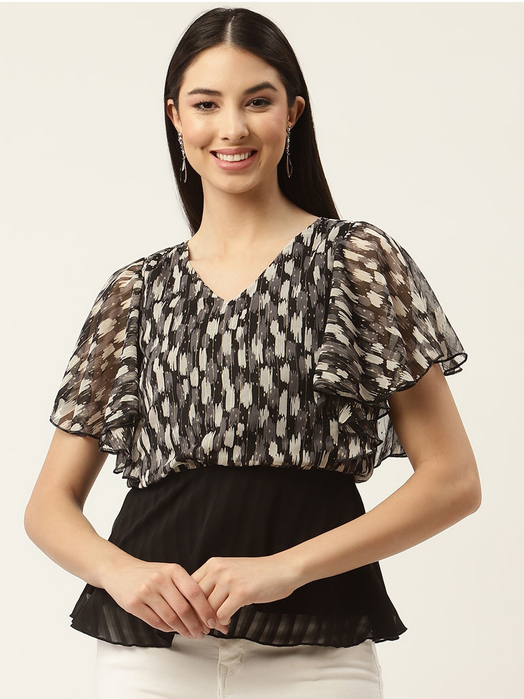 Black & Grey Print Georgette Peplum Top