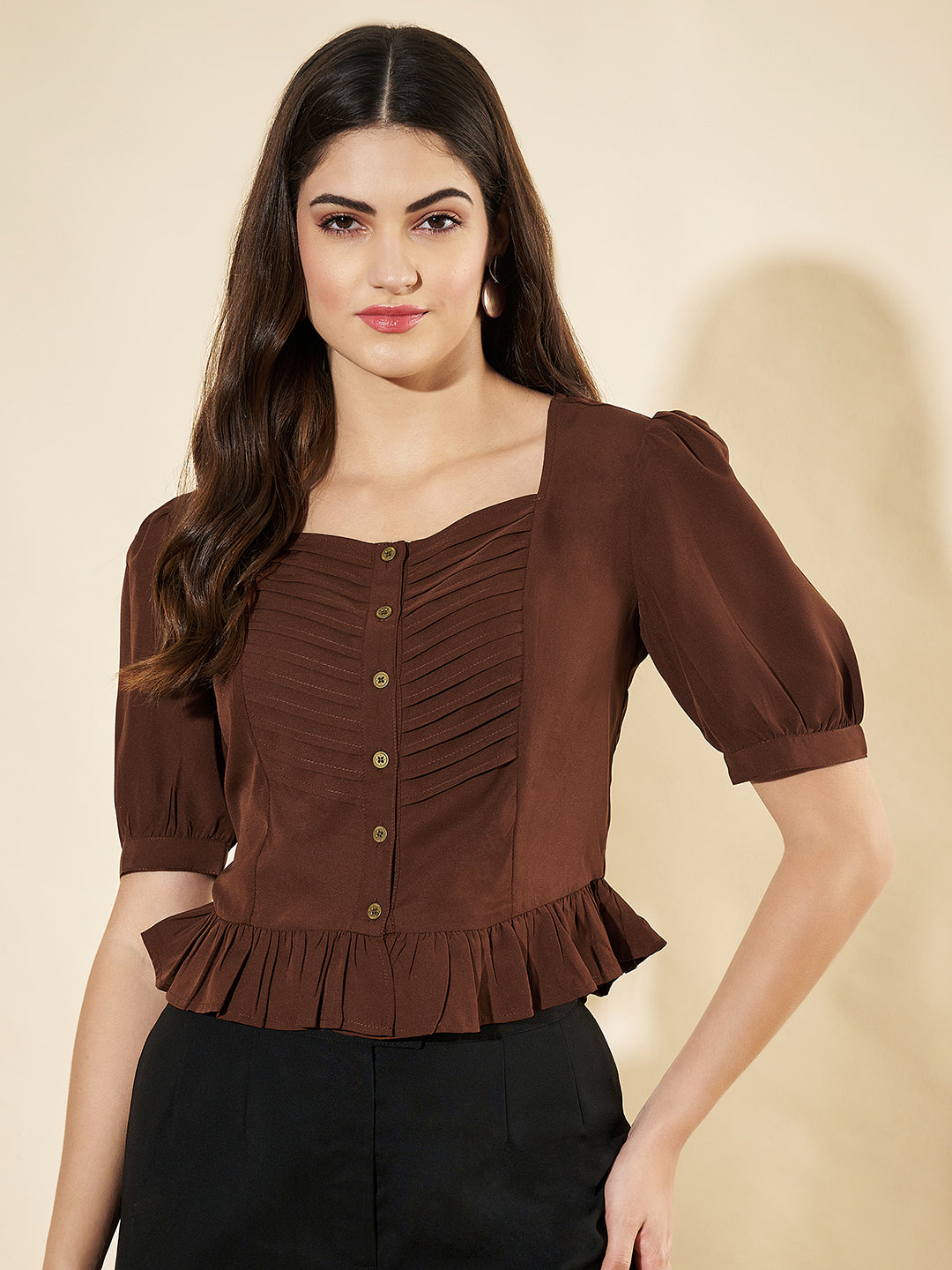 Casual Puff Sleeves Solid Brown Top