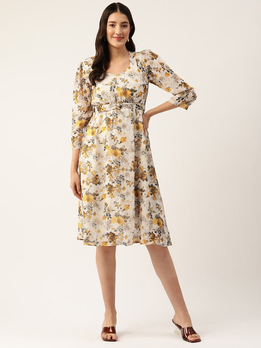 Floral Print Georgette Belted Empire Dress