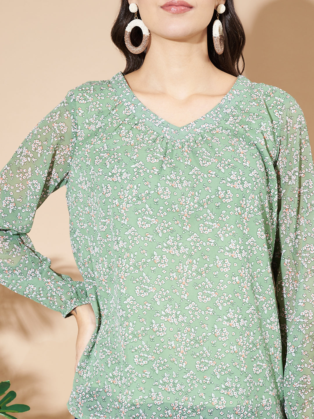 Women Puff Sleeves Floral Print  Green Top