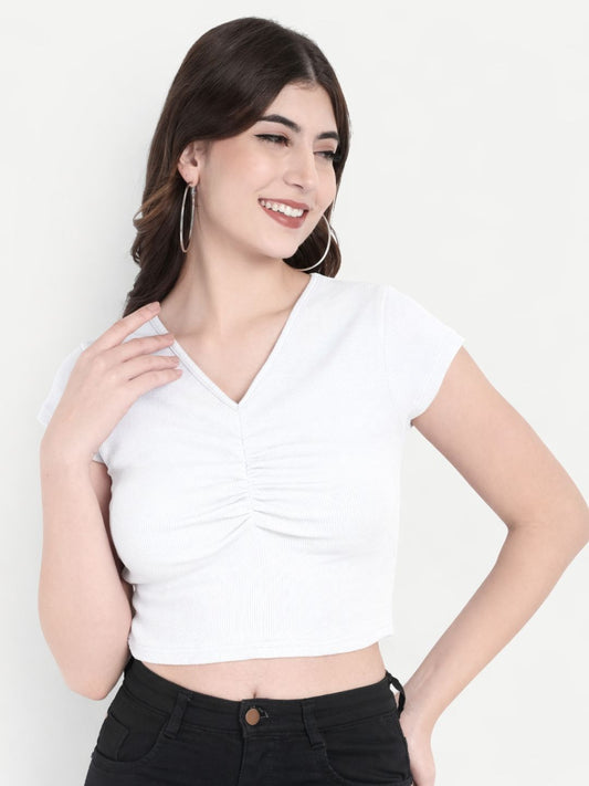 Slenor Women Ribbed V-Neck Short Sleeves Crop Top