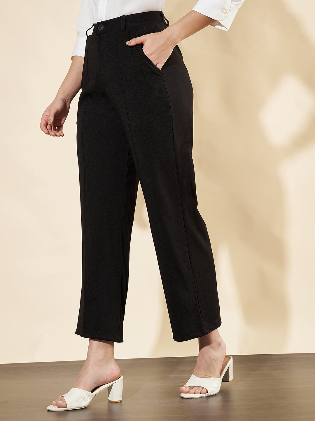 Women Black High-Waist Straight-Leg Trousers