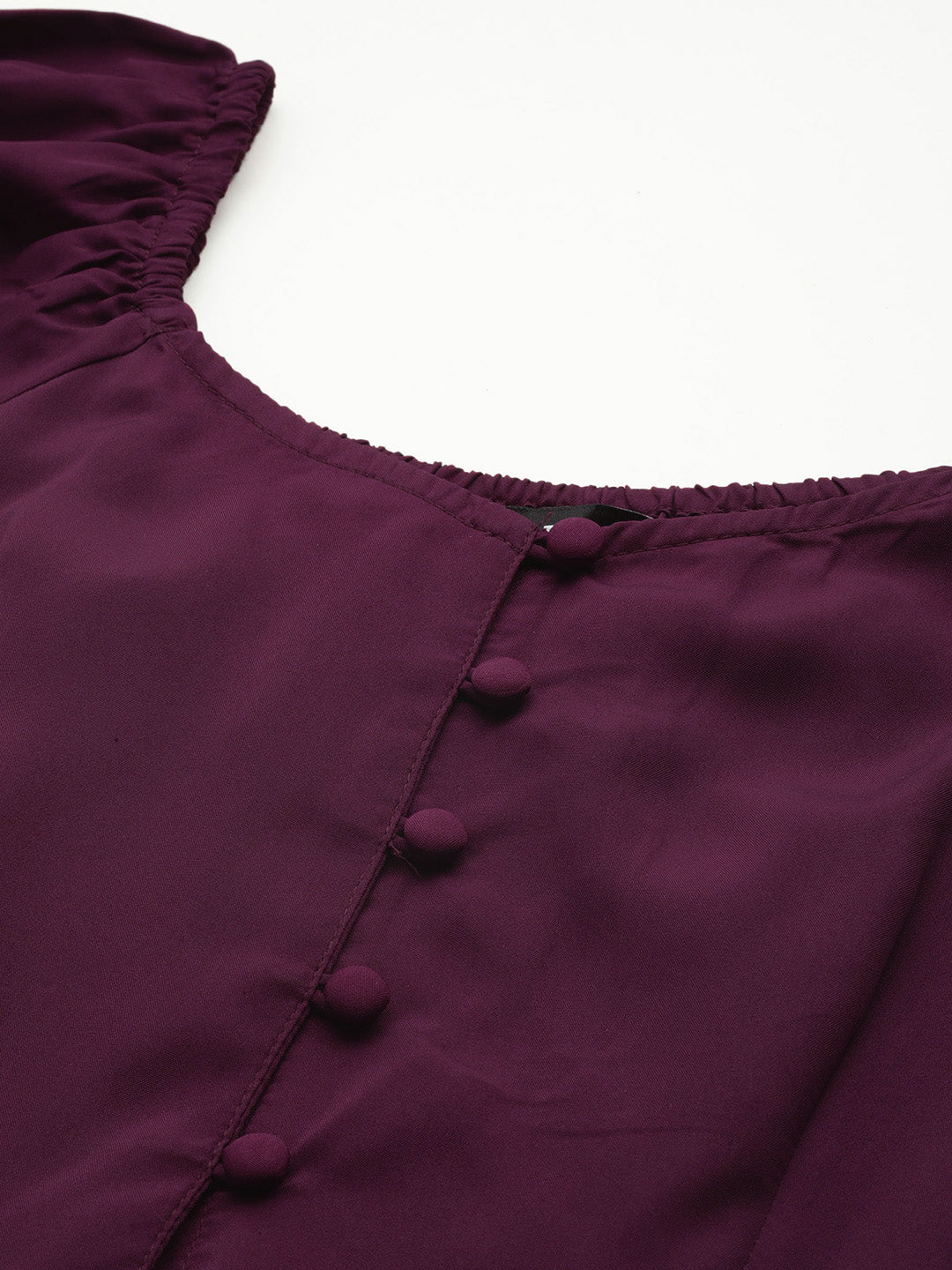 Purple  Solid Sweetheart Neck Puff Sleeve Crepe Peplum Top