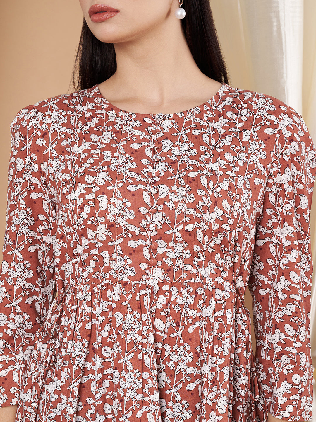 Women Floral Print Round Neck Peplum Orange Top