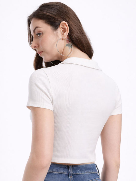 Slenor Women Ribbed Half Sleeves Collared Crop Top
