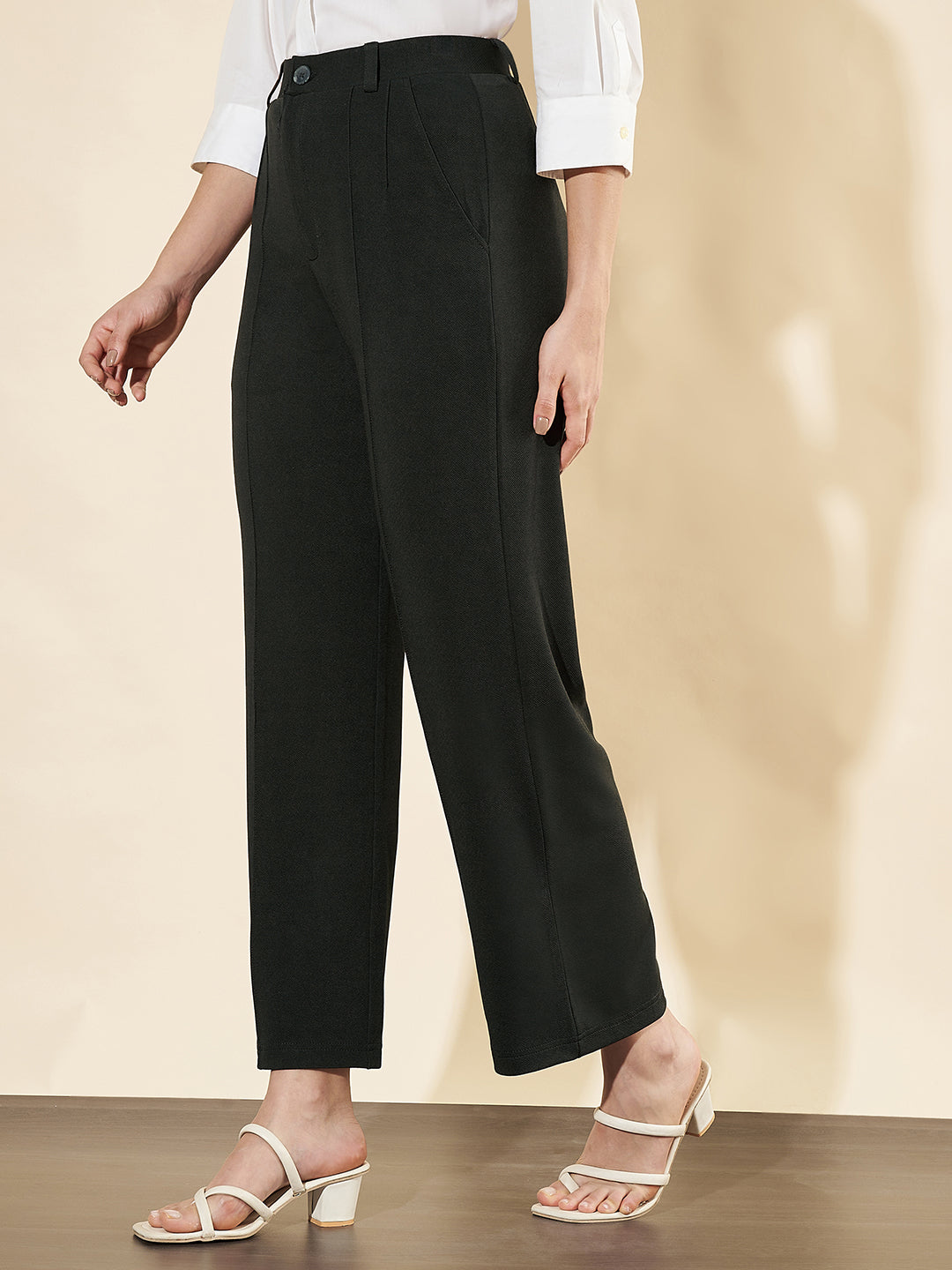 Women Relaxed Straight Fit High-Rise Easy Wash Trousers