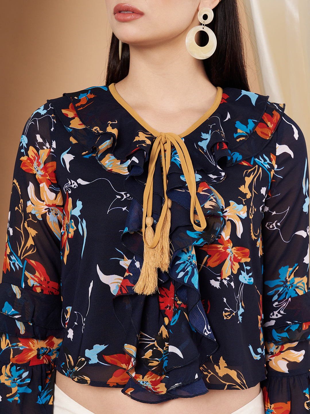 Bell Sleeves Multicolor Floral Print Tie-Up Neck Crop Top