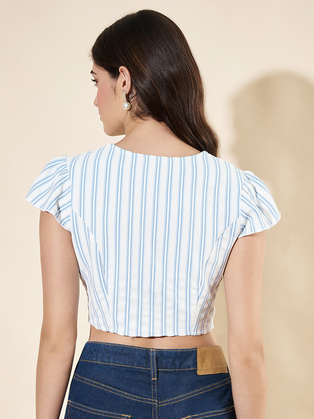 Women Cap Sleeves Striped White Top