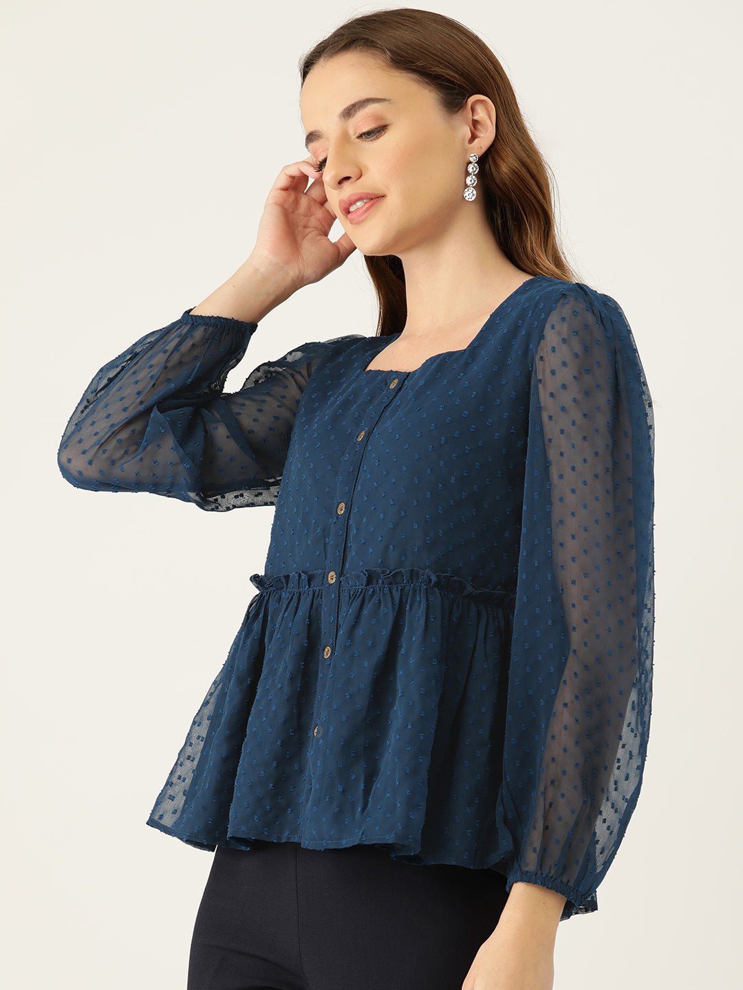 Casual Self Design Women Blue Top