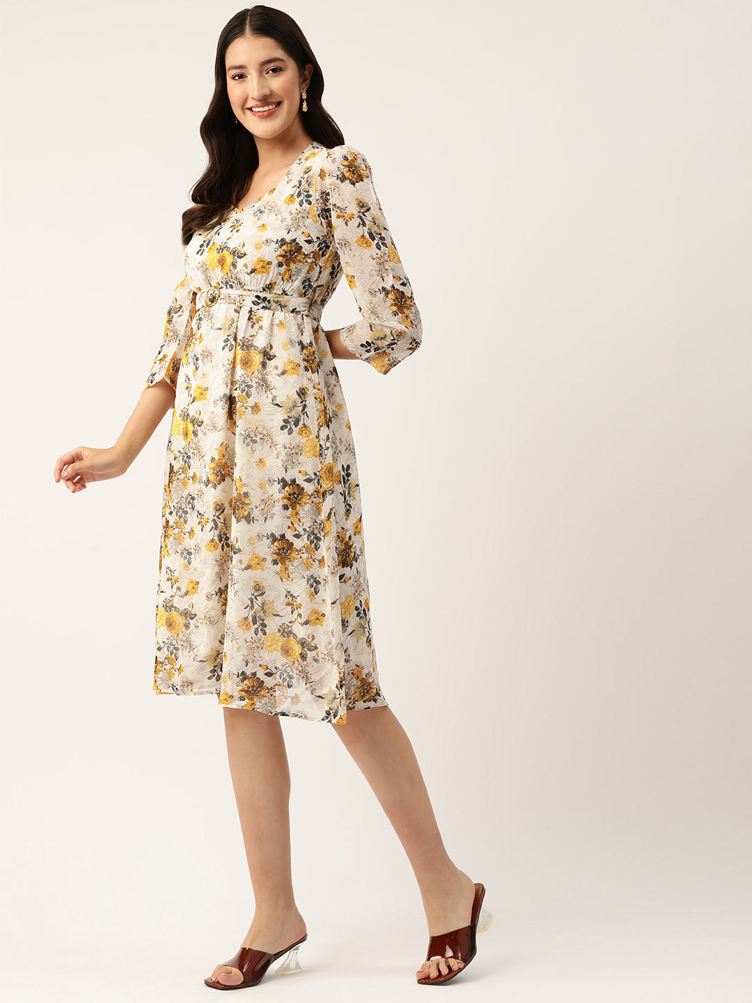 Floral Print Georgette Belted Empire Dress