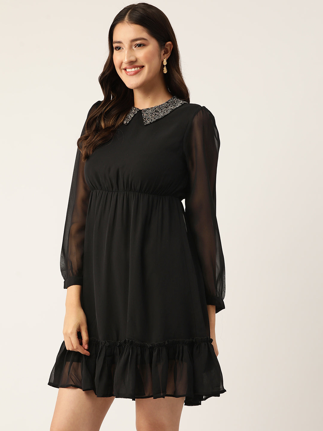 Embellished Shirt Collar Bishop Sleeve Georgette Tiered Empire Mini Party Dress