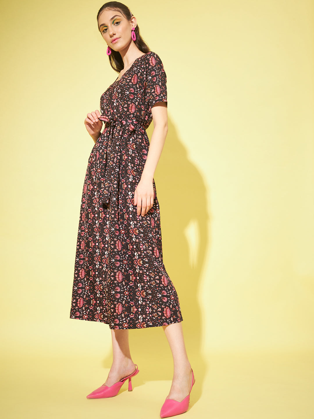 Women A-line Multicoloured Floral Print Dress