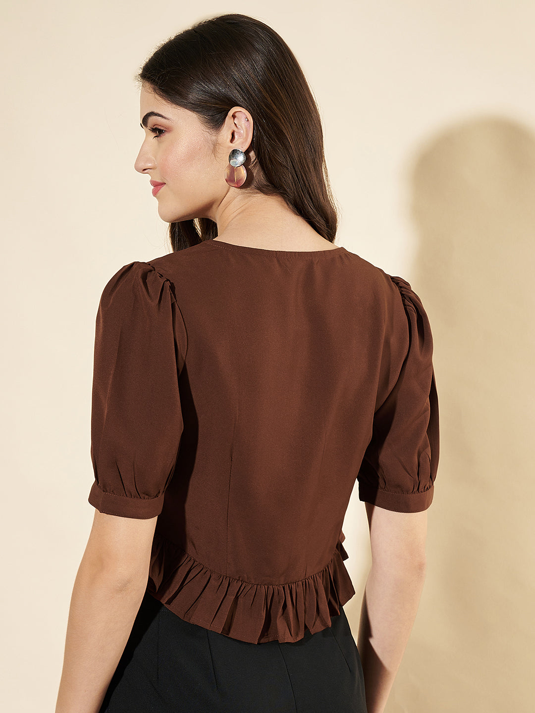 Casual Puff Sleeves Solid Brown Top