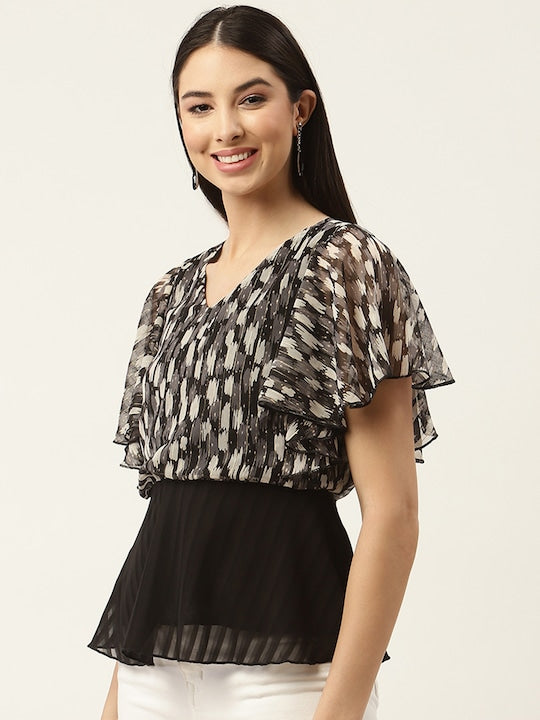 Black & Grey Print Georgette Peplum Top