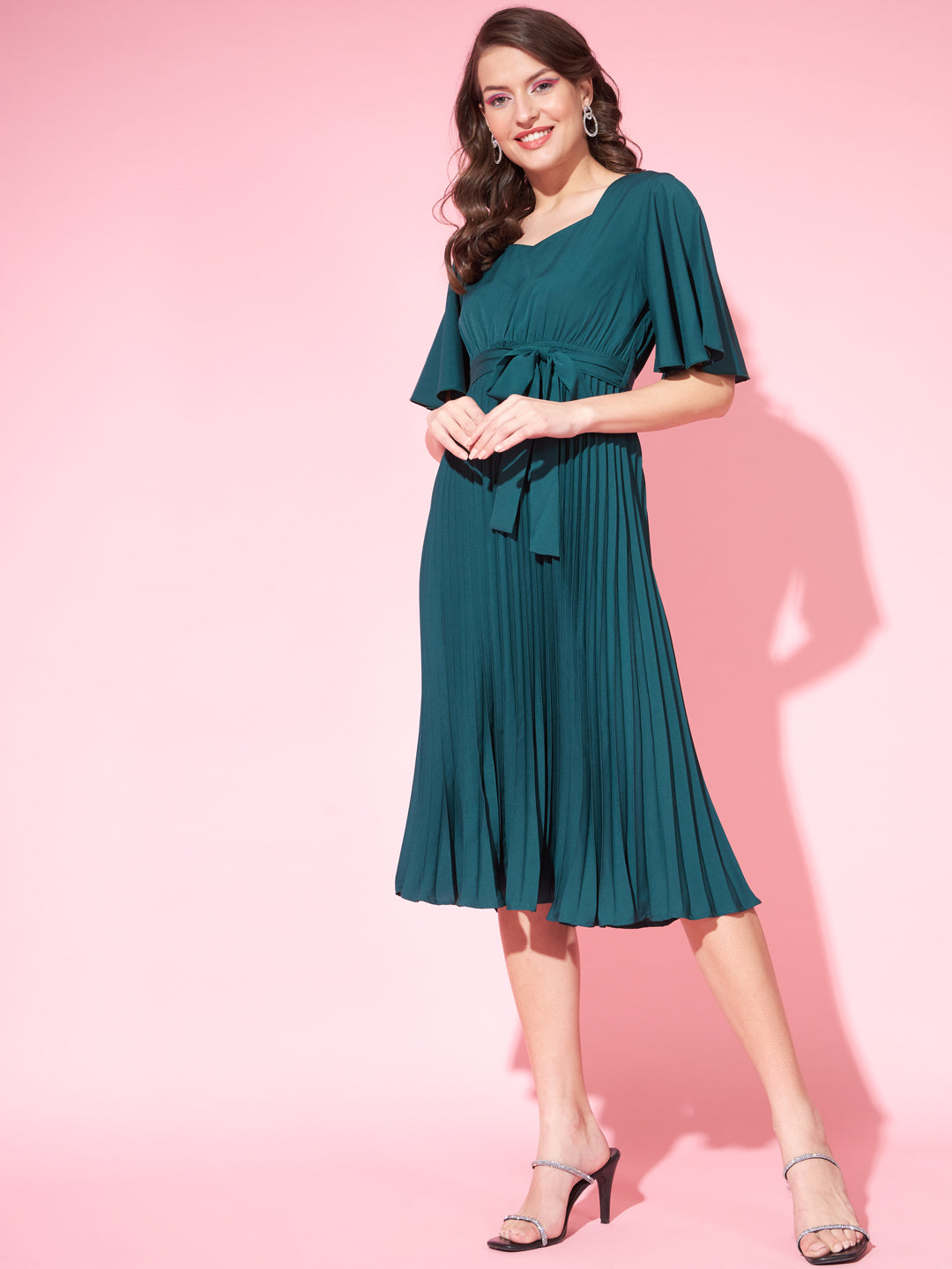 Women Flared Sleeve Tie-Ups Crepe A-Line Dress