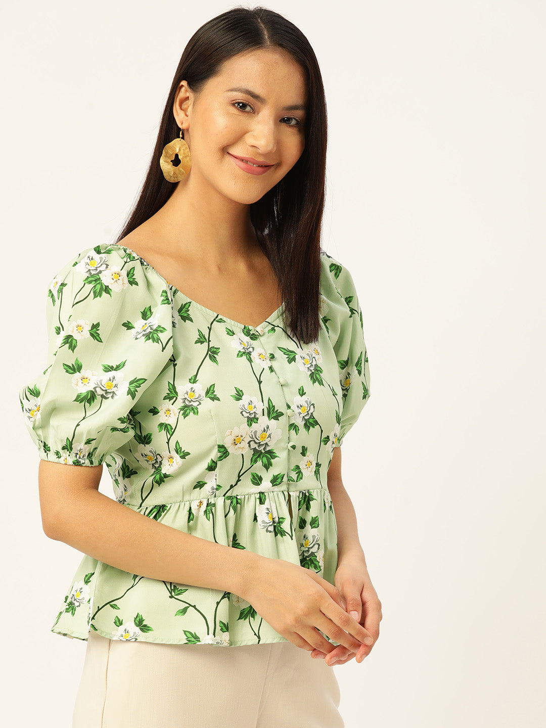 Casual Puff Sleeves Floral Print Women Green Top