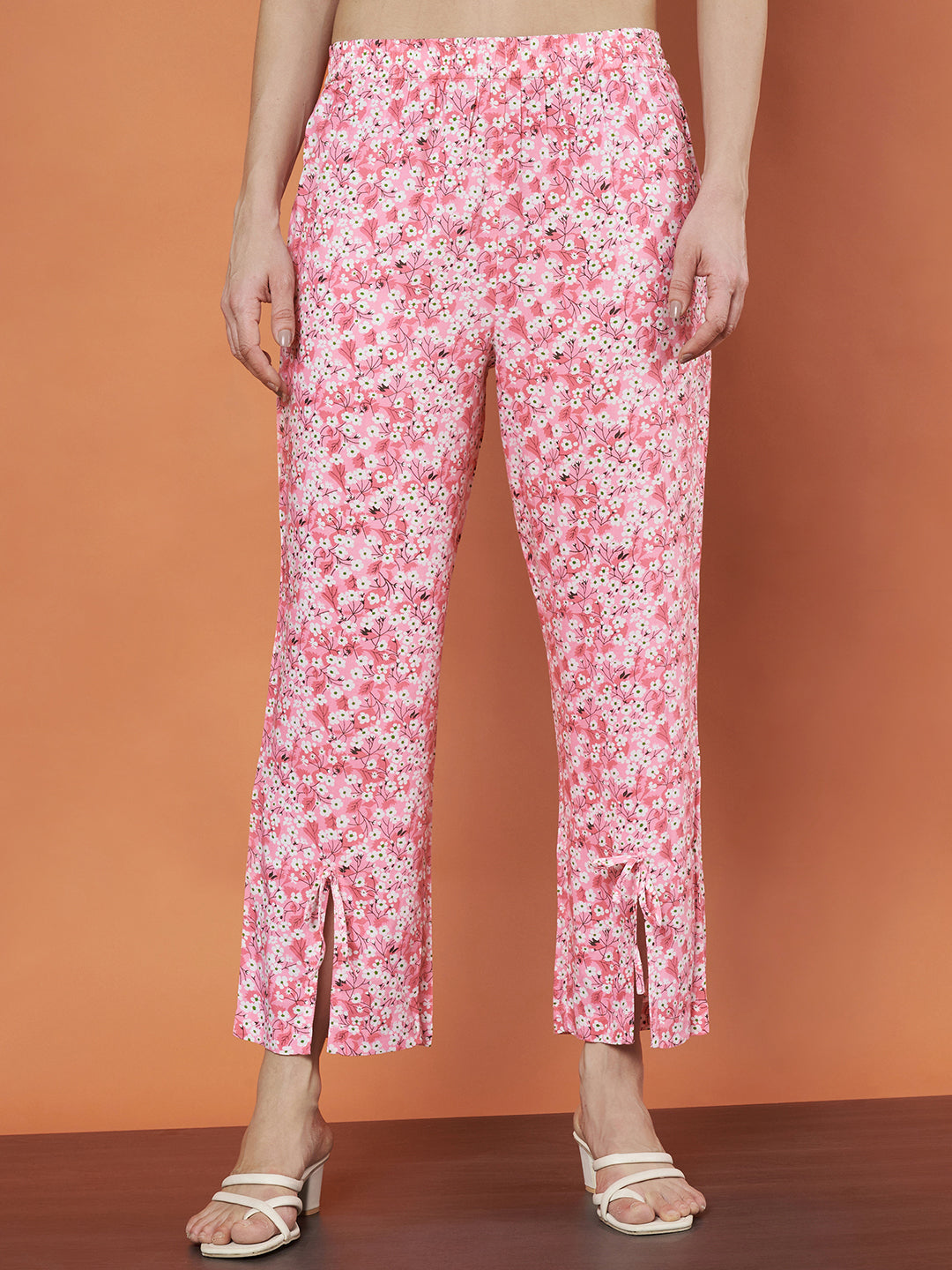 Women's Pink Floral Printed Co-Ord Set with Tie-Up Neckline and Slit Pants