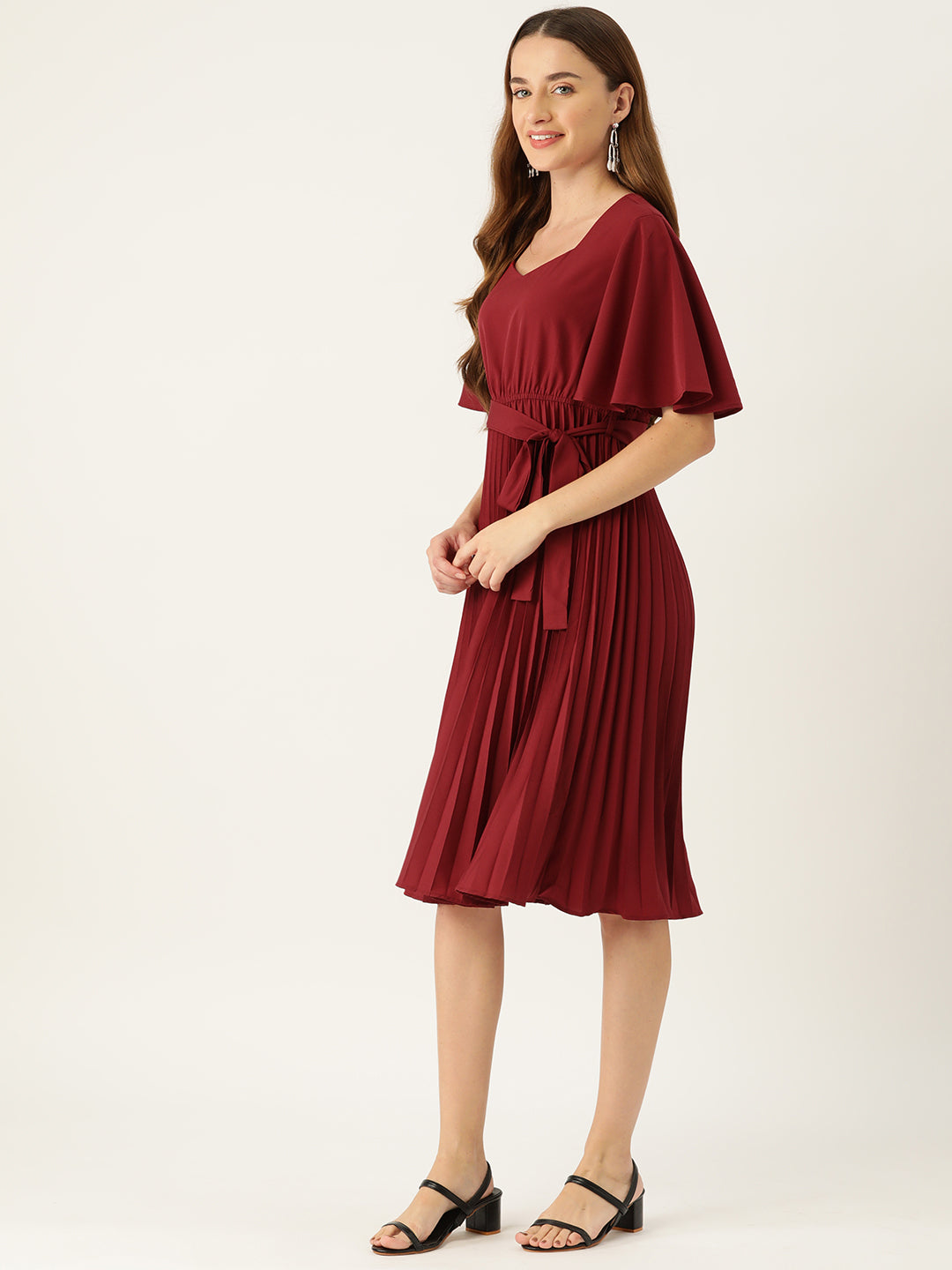 Slenor Flared Sleeve Maroon Tie-Ups Crepe A-Line Dress